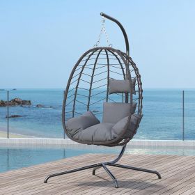 Foldable Hanging Egg Chair with Stand and Cushions, Outdoor Indoor Wicker Rattan Swing Chair with Headrest