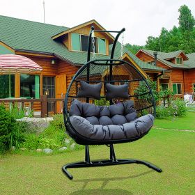 2 Person Folding Double Swing Chair Wicker Rattan Egg Chair with Stand and Cushion (Black+anthracite)