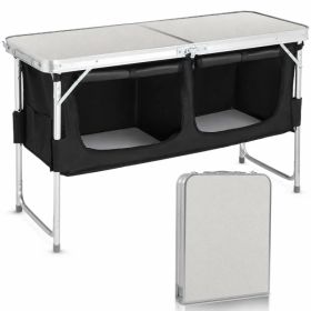 4FT Portable Folding Camping Table with Storage, Aluminum Outdoor Cooking Station with 2 Adjustable Legs, Black (Option: default title)